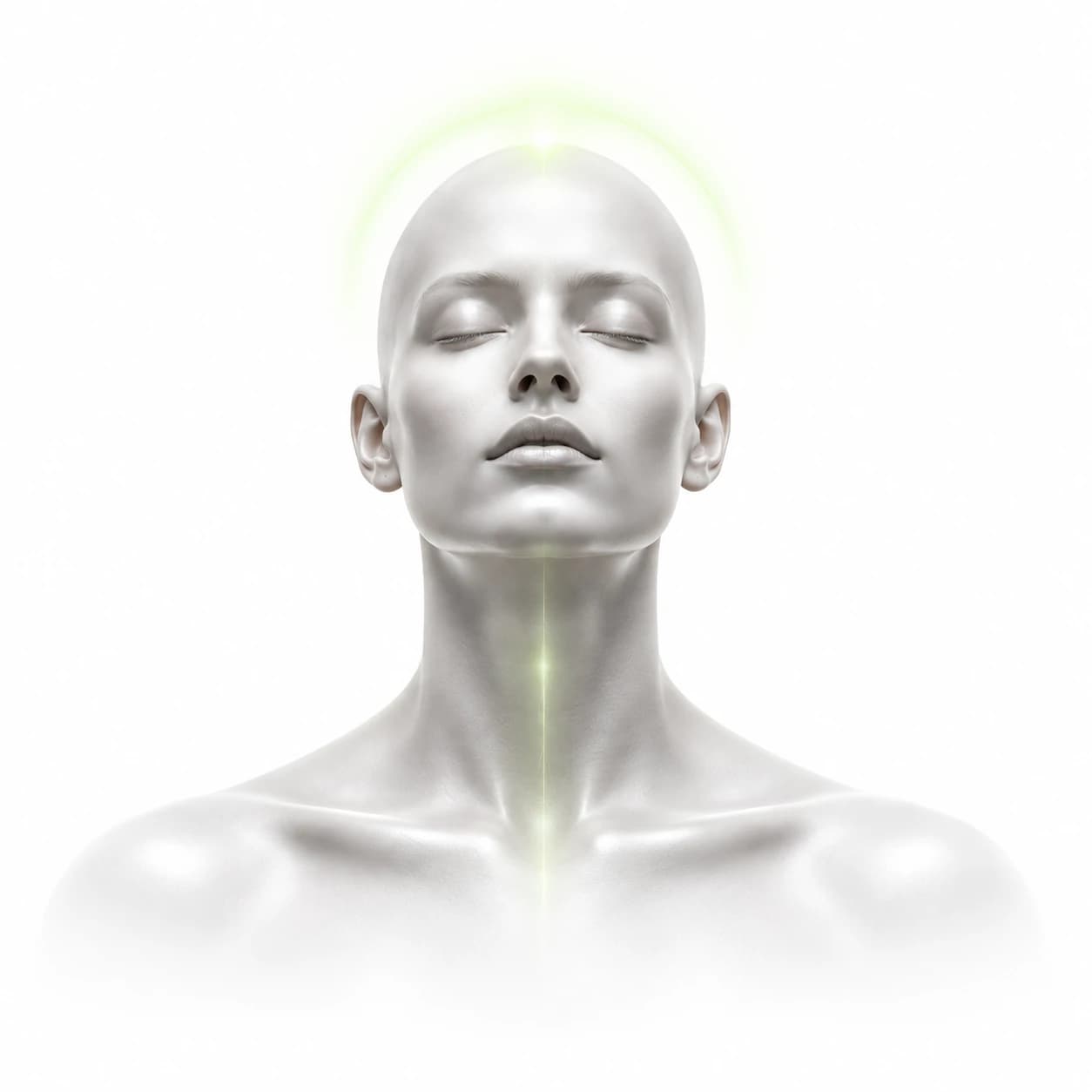 Silver meditative sculpture with a soft luminous aura